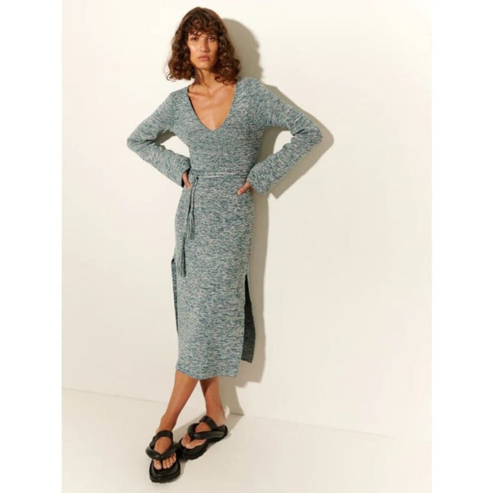 Kivari Naomi V Neck Knit Midi Dress in Teal Marble US6 NWT